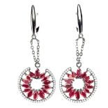 A pair of 925 silver drop earrings set with marquise cut rubies and white stones, L. 5cm.