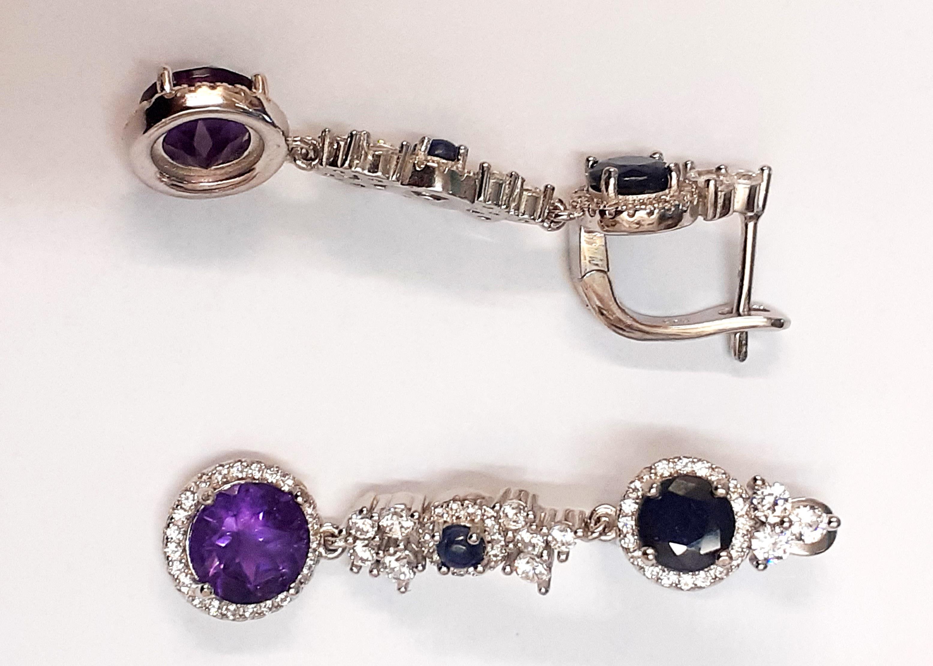 A pair of 925 silver drop earrings set with amethyst, sapphires and white stones, L. 4.8cm. - Image 2 of 2