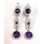 A pair of 925 silver drop earrings set with amethyst, sapphires and white stones, L. 4.8cm.