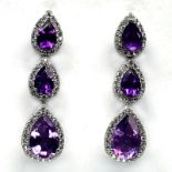 A pair of 925 silver drop earrings set with pear cut amethyts and white stones, L. 3cm.