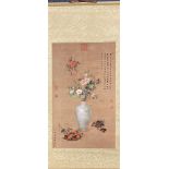 A fine quality printed scroll showing a vase of flowers with fruit and tea 67 x 149cm.