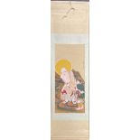 A Chinese watercolour painting on fine linen painted on paper background with a silk surround of a