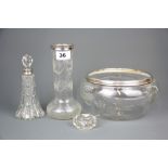 A group of three hallmarked silver mounted glass items together with a cut glass salt and a silver