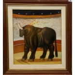 An unusual large framed oil on canvas of a bull in a bull fight arena, 73 x 83cm.