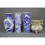Two 19th C hand painted porcelain cylinder vases (both A/F to rim), together with a Japanese