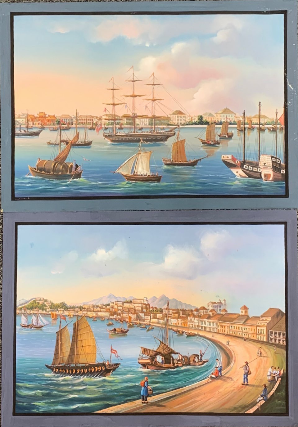 Two unframed gouache on artist's paper of early Chinese trading concessions in Hong Kong or