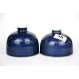 A pair of Chinese blue glazed porcelain vases/ calligraphy water pots, H. 7.5cm, Dia. 10.5cm.