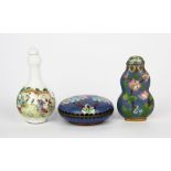 A Chinese cloisonne on copper ink box, Dia. 6.5cm, together with a cloisonne snuff bottle and a