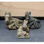 A pair of vintage concrete dragons, L. 33cm, together with a concrete rabbit.