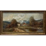 A gilt framed oil on canvas village scene, frame size 113 x 59cm.