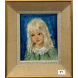 A 1970's framed oil on canvas of a young girl with indistinct signature. 41cm x 36cm.