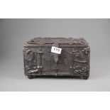 A very early continental iron and leather clad wooden strong box c. 1650, 26 x 21 x 16cm.