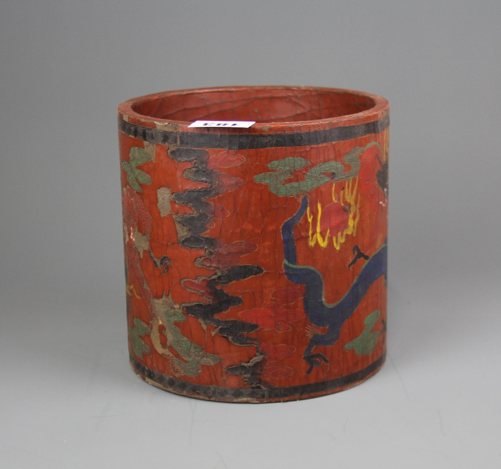 A Chinese painted wooden brush pot decorated with dragons, H. 19cm. Dia. 19cm. - Image 3 of 4