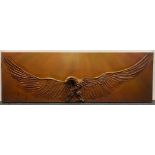 An usual 1970's 3D oil on board of a bird in flight, frame size 142 x 46cm. Label verso reads '