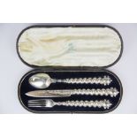 A cased Victorian hallmarked silver christening set, case L. 24cm.