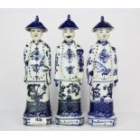A group of three Chinese hand painted porcelain figures, H. 27cm. One A/F to hat.