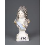 A fine hand painted 19th century German porcelain bust of King Louis XIV of France, H. 15.5cm.