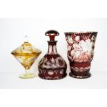 Three Bohemian cut glass items, vase H. 18cm. Overall condition good, very minor chip to decanter