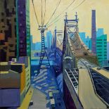 Andrew Halliday, "At Queensborough Bridge", unframed acrylic on canvas, 2019, 70 x 70cm. On my