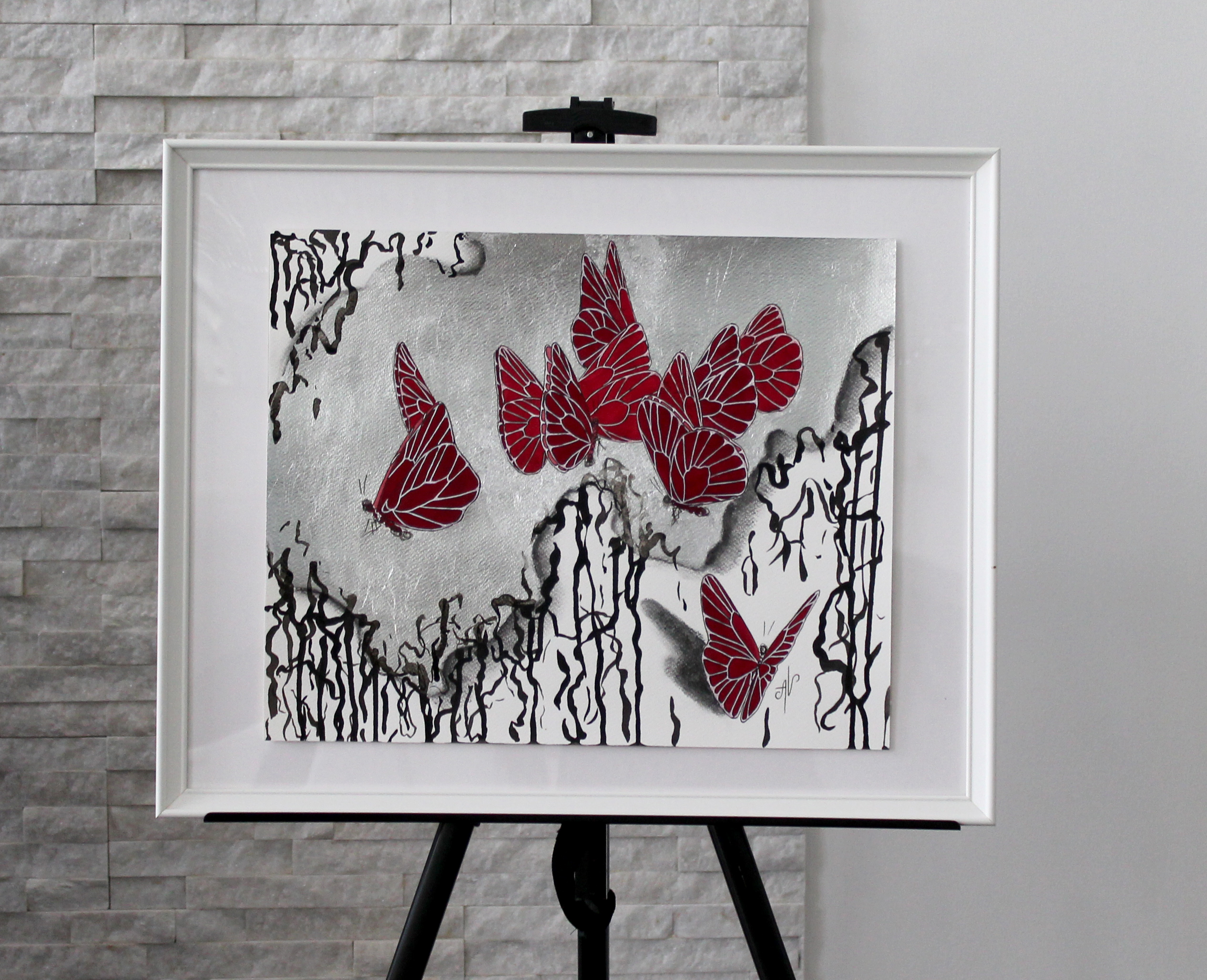 Alena Vavilina, "Buttereflies series 26", unframed paper, silver leaf, watercolour, ink, charcoal,