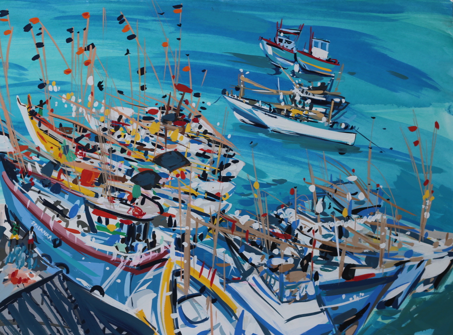 Pippa Cunningham, "Boats at Tagalle Harbour Sri Lanka", unframed gouache on watercolour paper