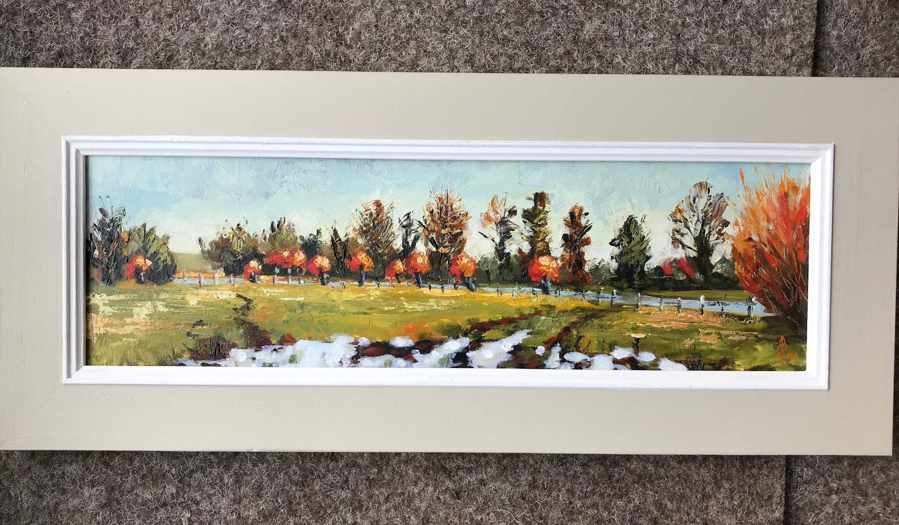 Alix Baker, "Riverbank Willows", oil on canvas, 2018, 22.5 x 52.5cm framed. A loosely - Image 2 of 2