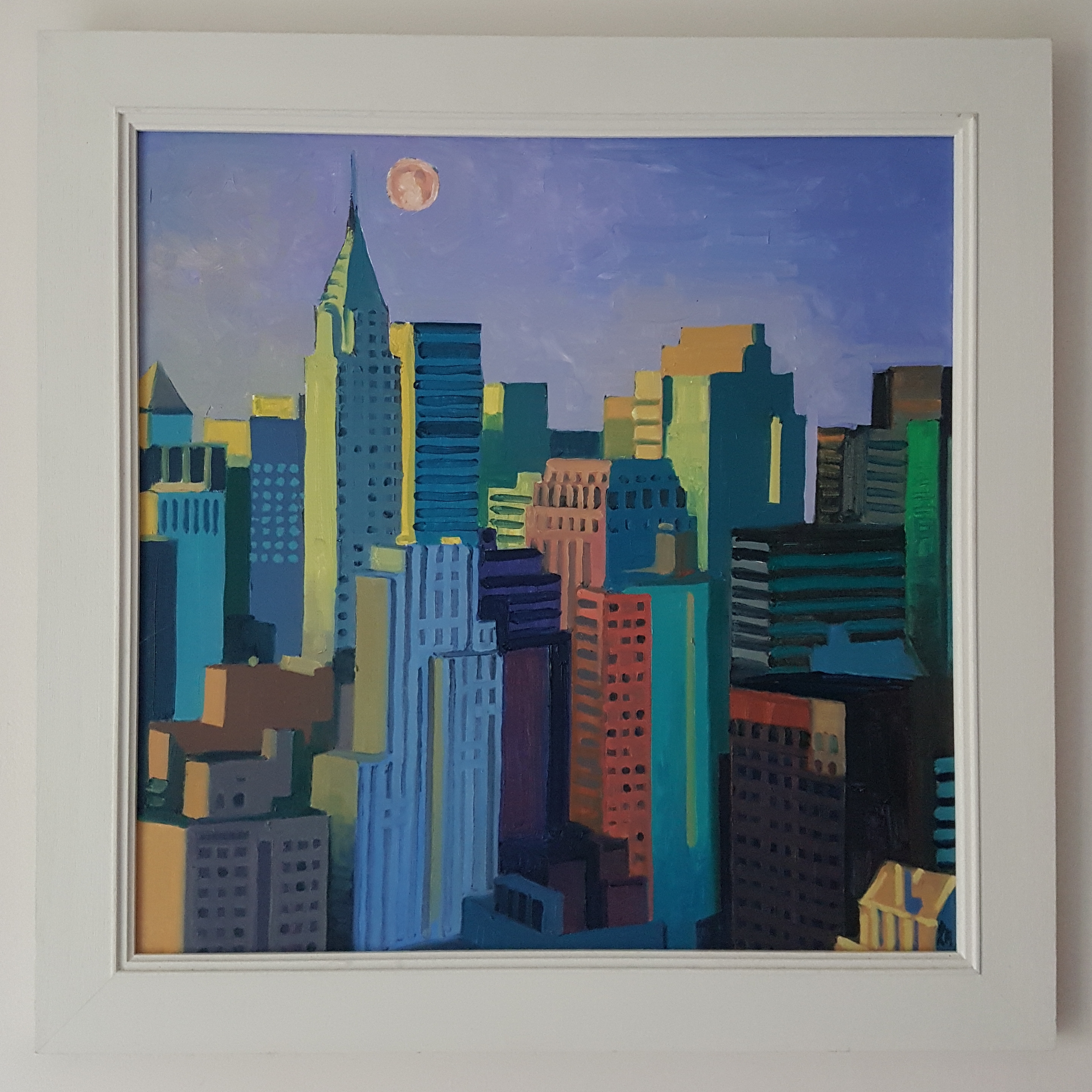 Andrew Halliday, "Blood moon over Manhattan", framed oil on board, 2018, 53 x 53cm framed. This - Image 2 of 2