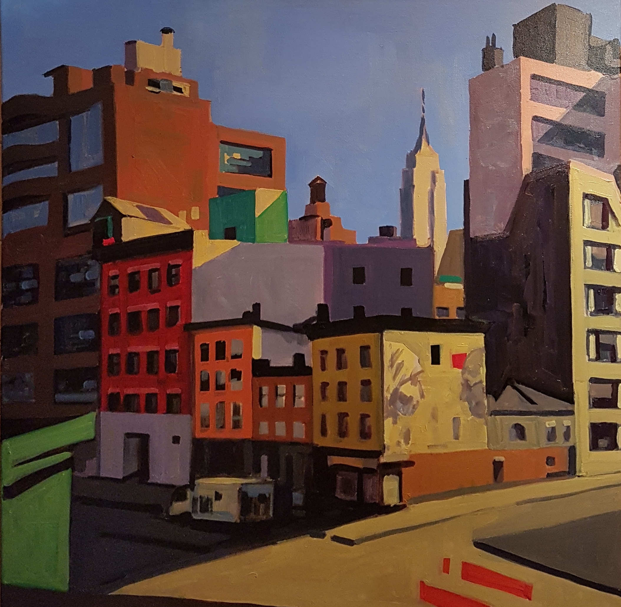 Andrew Halliday, "Chelsea Morning", unframed acrylic on canvas, 2019, 70 x 70cm. This view is from