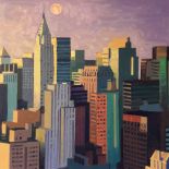 Andrew Halliday, "Blood moon over Manhattan", framed oil on board, 2018, 53 x 53cm framed. This