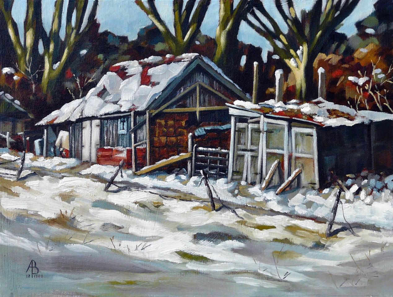 Alix Baker, "Barns in Winter", framed oil on canvas, 2012, 39 x 49cm framed. This ramshackle scene