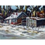Alix Baker, "Barns in Winter", framed oil on canvas, 2012, 39 x 49cm framed. This ramshackle scene