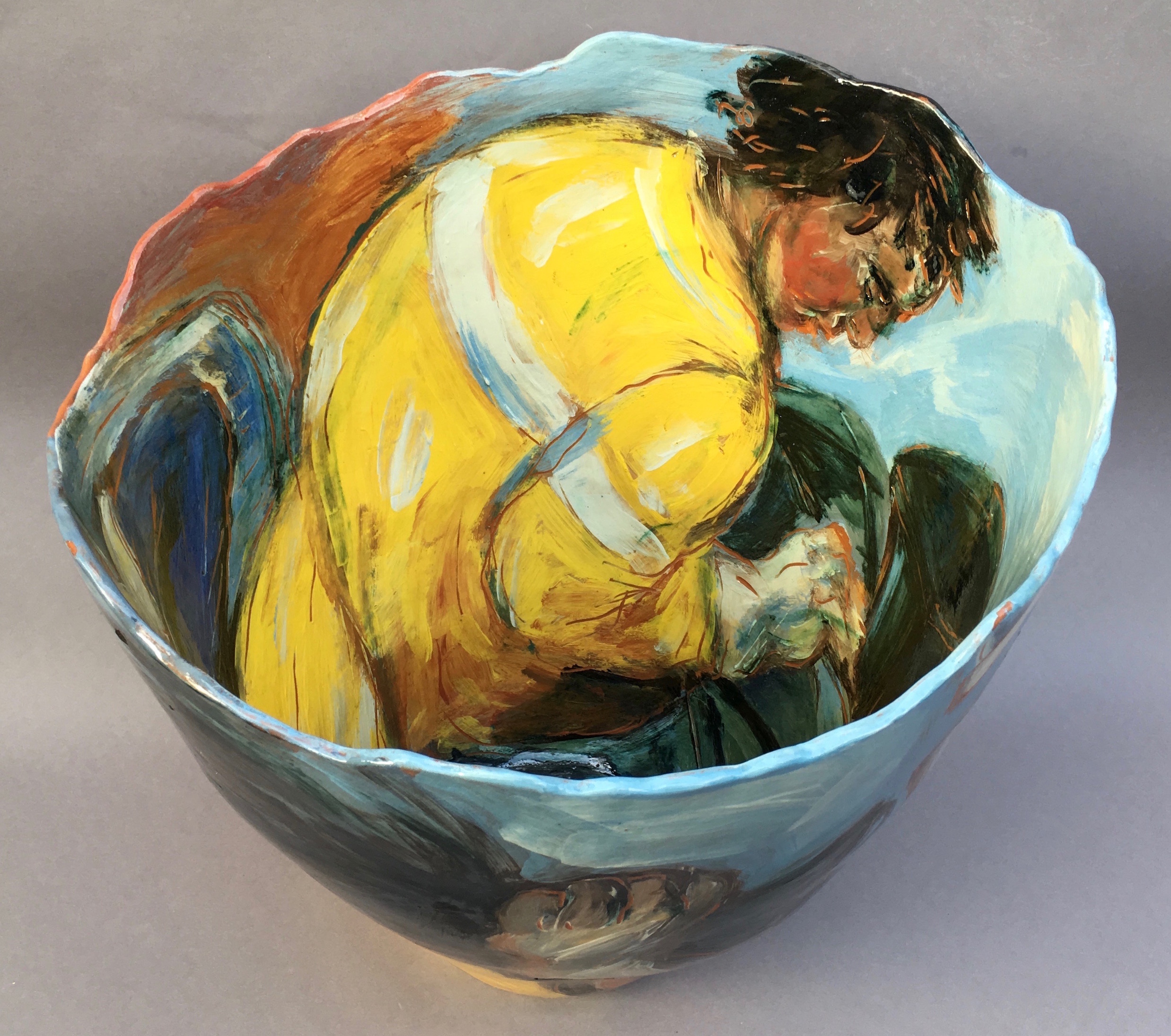 Jitka Palmer, "Dustbin Men", earthenware clay, 2018, 40 x 40 x 37cm. Handbuilt vessel painted with