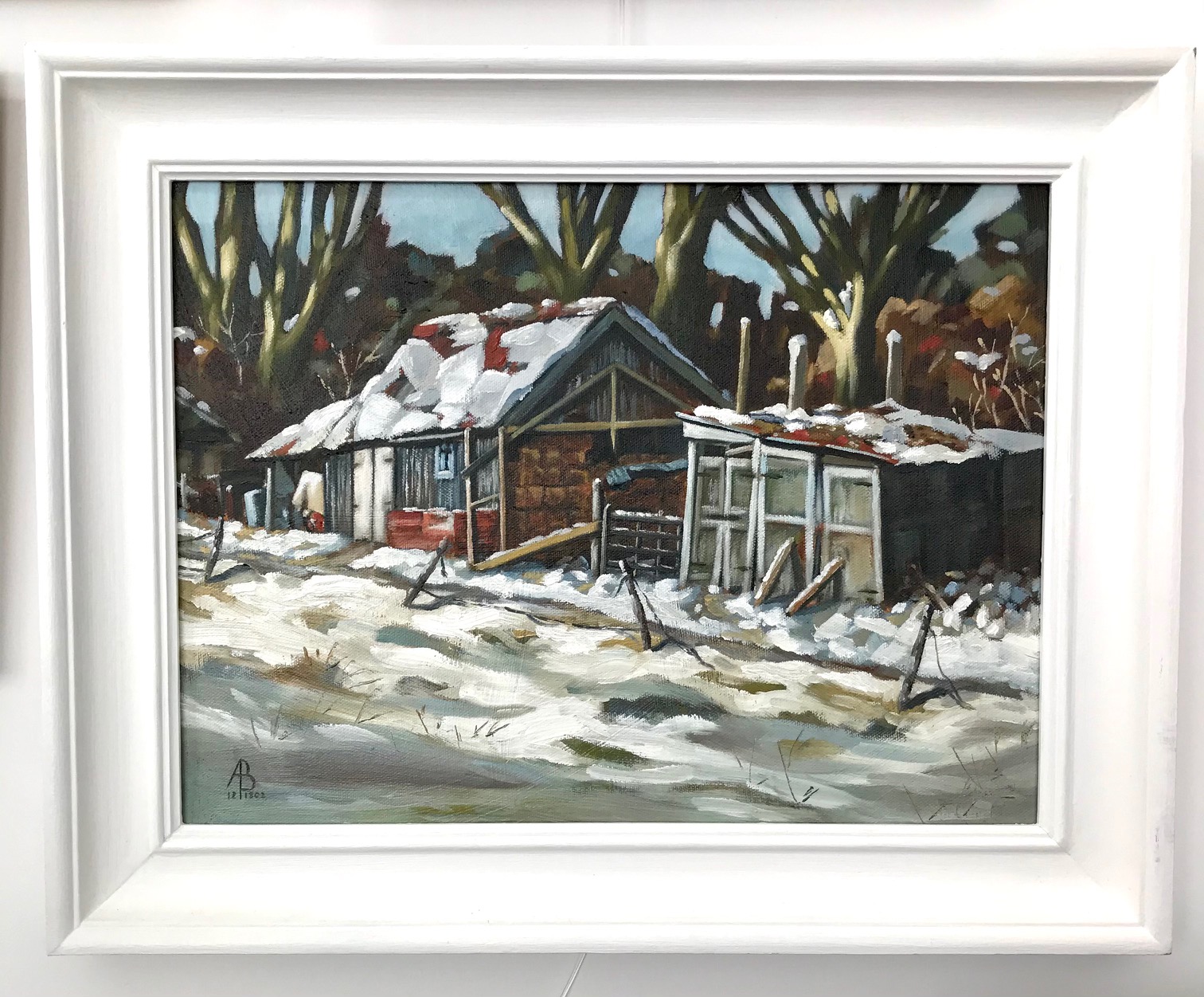 Alix Baker, "Barns in Winter", framed oil on canvas, 2012, 39 x 49cm framed. This ramshackle scene - Image 2 of 2