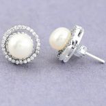 A pair of 925 silver pearl and white stone set earrings, Dia. 1.3cm.