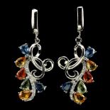 A pair of 925 silver drop earrings set with pear cut fancy colour sapphires, L. 4.5cm.