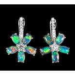 A pair of 925 silver earrings set with cabochon cut opals and white stones, L. 2cm.