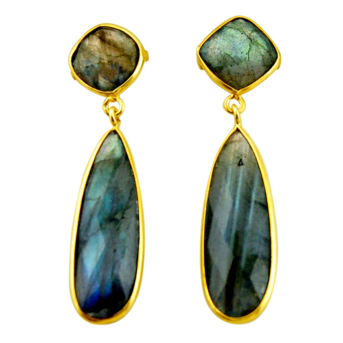 A pair of 925 silver gilt drop earrings set with labradorite, L. 5cm.