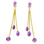 A pair of 925 silver gilt drop earrings set with faceted cut amethysts, L. 7cm.