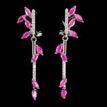 A pair of 925 silver drop earrings set with marquise cut rubies, L. 4.5cm.