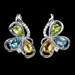 A pair of 925 silver earrings set with pear cut citrine, peridot and blue topaz, L. 2.1cm.