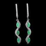 A pair of 925 silver drop earrings set with marquise cut emeralds and white stones, L. 4cm.