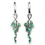 A pair of 925 silver drop earrings set with marquise cut emeralds, L. 5cm.