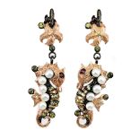 A pair of 925 silver rose gold gilt seahorse shaped drop earrings set with fancy yellow sapphires