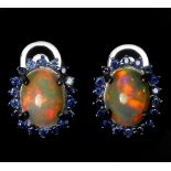 A pair of 925 silver earrings set with cabochon cut opals surrounded by sapphires, L. 1.6cm.