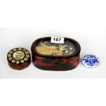 A Chinese wooden Feng Shui compass, Dia. 6.5cm, together with a lacquer box and a porcelain ink