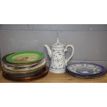 A group of collectors plates and a continental porcelain coffee jug.