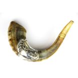 Judaic interest. A 925 silver mounted shofar (ram's horn), L. 25cm.