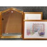 A gilt framed mirror, 70 x 90cm. together with two large pine framed pencil signed prints by M.