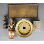 A vintage Chinese wood and pewter box together with a small bronze vase, two brass items and a