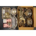 An extensive box of silver plated items etc.